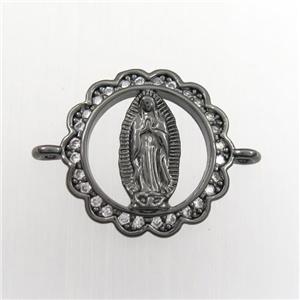 copper circle connector paved zircon with Jesus, black plated, approx 15mm dia