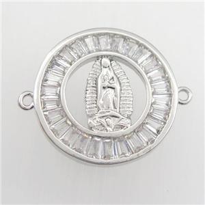 copper circle connector paved zircon with Jesus, religious, platinum plated, approx 20mm dia