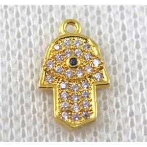 copper hamsahand pendant paved zircon, gold plated, approx 8-12mm