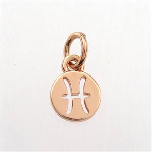 copper circle pendant, zodiac pisces, rose gold, approx 7mm dia