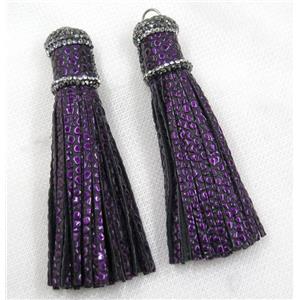 purple PU leather tassel pave rhinestone, approx 16mm, 90mm length