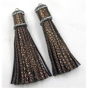 coffee PU leather tassel pave rhinestone, approx 16mm, 90mm length