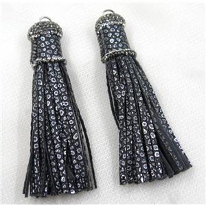 black PU leather tassel pave rhinestone, approx 16mm, 90mm length