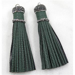 darkgreen PU leather tassel pave rhinestone, approx 16mm, 90mm length