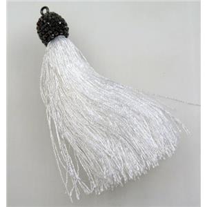 white nylon tassel pave rhinestone, approx 12mm, 80mm length