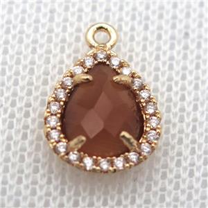 copper teardrop pendant pave zircon with amber crystal glass, gold plated, approx 10-12mm