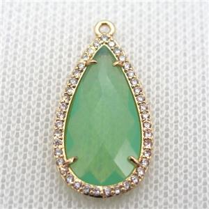 copper teardrop pendant pave zircon with green crystal glass, gold plated, approx 18-25mm
