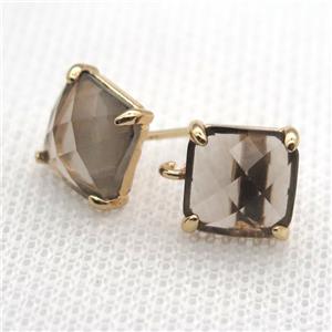 copper square stud Earrings with gray crystal glass, gold plated, approx 9x9mm