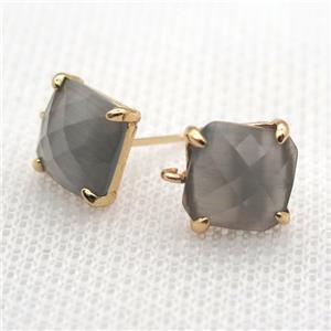 copper square stud Earrings with gray crystal glass, gold plated, approx 9x9mm