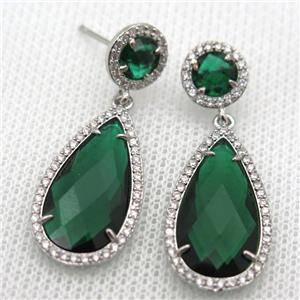 copper teardrop stud Earrings pave zircon with green crystal glass, platinum plated, approx 14-25mm, 10mm