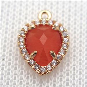 copper teardrop pendant pave zircon with red crystal glass, gold plated, approx 11-14mm