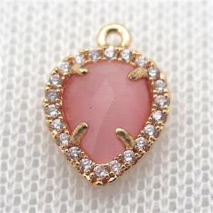 copper teardrop pendant pave zircon with pink crystal glass, gold plated, approx 11-14mm