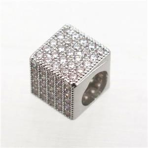 European Style copper beads paved zircon, cube, platinum plated, approx 8x8x8mm, 5mm hole