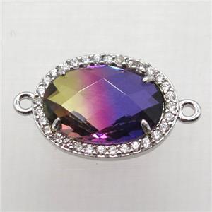 Crystal Glass oval connector with zircon, copper, platinum plated, approx 16-22mm