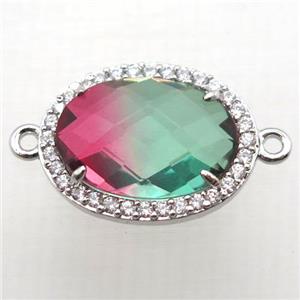 Crystal Glass oval connector with zircon, copper, platinum plated, approx 16-22mm