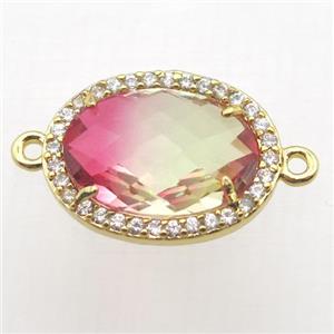 Crystal Glass oval connector with zircon, copper, gold plated, approx 13-18mm