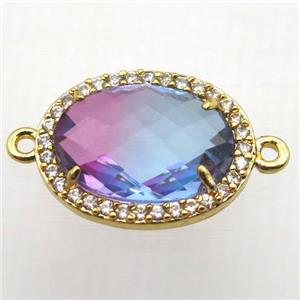 Crystal Glass oval connector with zircon, copper, gold plated, approx 13-18mm