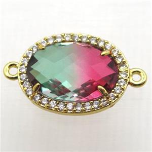 Crystal Glass oval connector with zircon, copper, gold plated, approx 13-18mm