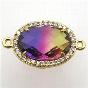 Crystal Glass oval connector with zircon, copper, gold plated, approx 16-22mm