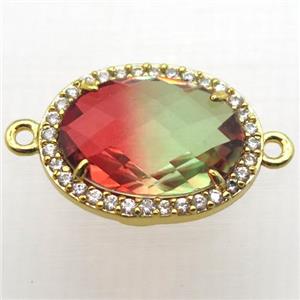 Crystal Glass oval connector with zircon, copper, gold plated, approx 16-22mm