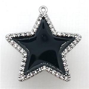 copper star pendant pave zircon with black Enameling, platinum plated, approx 28mm dia