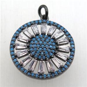 copper sun pendant pave zircon, black plated, approx 20mm dia