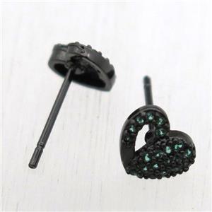 copper stud Earrings pave zircon, heart, black plated, approx 8mm