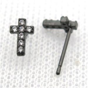 copper stud Earrings pave zircon, cross, black plated, approx 5-8mm