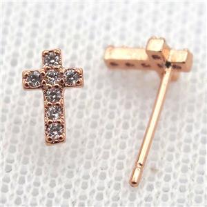 copper stud Earrings pave zircon, cross, rose gold, approx 5-8mm