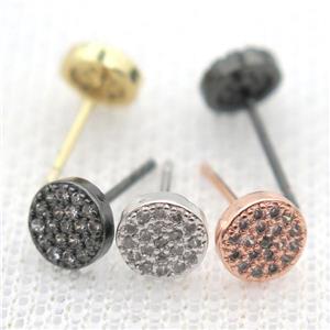 copper circle earring studs pave zircon, mixed color, approx 6mm dia