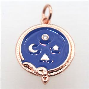 copper circle pendant pave zircon with enameling, rose gold, approx 16mm dia