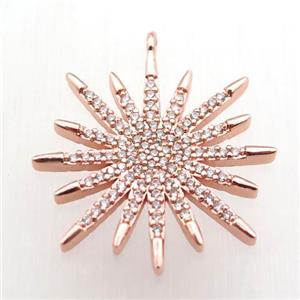 copper sun pendant paved zircon, rose gold, approx 23mm dia