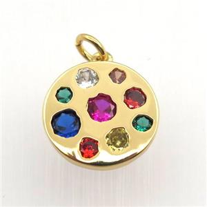 copper circle pendant pave zircon, gold plated, approx 15mm dia