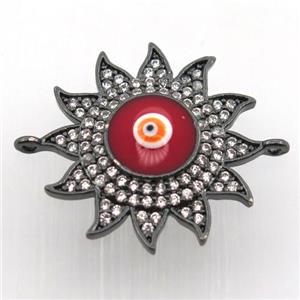 copper sun connector pave zircon with evil eye, black plated, approx 22mm dia