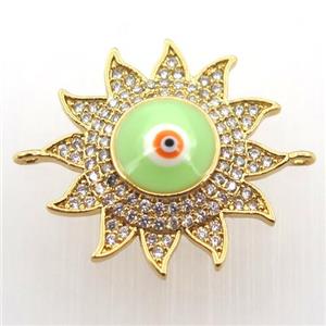 copper sun connector pave zircon with evil eye, gold plated, approx 22mm dia