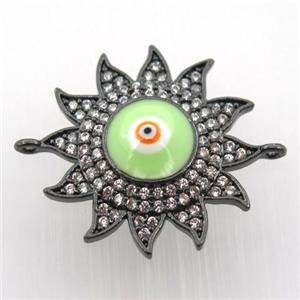 copper sun connector pave zircon with evil eye, black plated, approx 22mm dia