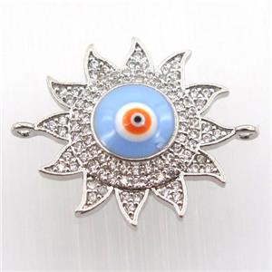 copper sun connector pave zircon with evil eye, platinum plated, approx 22mm dia