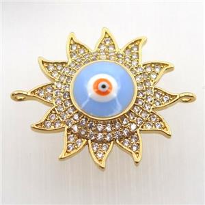 copper sun connector pave zircon with evil eye, gold plated, approx 22mm dia