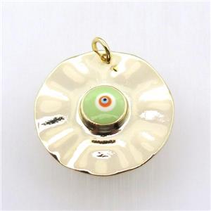 copper circle pendant with green evil eye, gold plated, approx 30mm dia