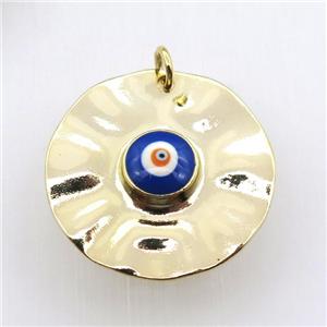 copper circle pendant with blue evil eye, gold plated, approx 30mm dia