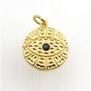 copper circle pendant paved zircon, eye, gold plated, approx 15mm dia