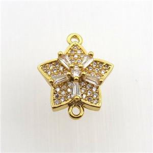 copper flower connector paved zircon, gold plated, approx 14mm dia