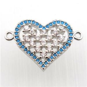 copper heart connector paved zircon, platinum plated, approx 15-18mm