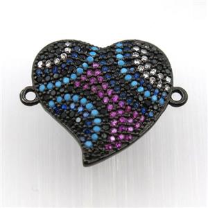 copper heart connector paved zircon, black plated, approx 18-20mm