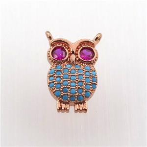 copper owl pendant paved zircon, rose gold, approx 9-14mm