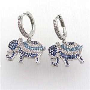 copper hoop earring pave zircon with elephant, platinum plated, approx 14-18mm, 14mm dia