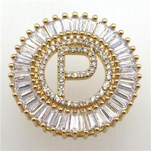 copper letter-P pendant paved zircon, gold plated, approx 28mm dia
