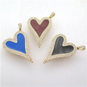 copper heart pendant paved zircon, enameling, gold plated, mixed, approx 30-40mm