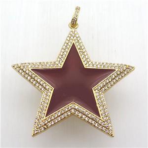 copper star pendant paved zircon, red enameling, gold plated, approx 45mm dia