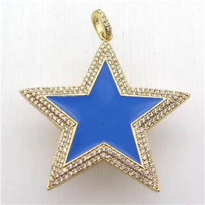 copper star pendant paved zircon, blue enameling, gold plated, approx 45mm dia